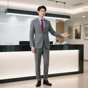 夏季灰色男士職業(yè)裝前臺商務(wù)西服套裝定制藍襯衫紅領(lǐng)帶300